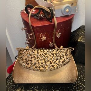 Preston & York Gold Satin Beaded Rhinestone Handbag Crossbody